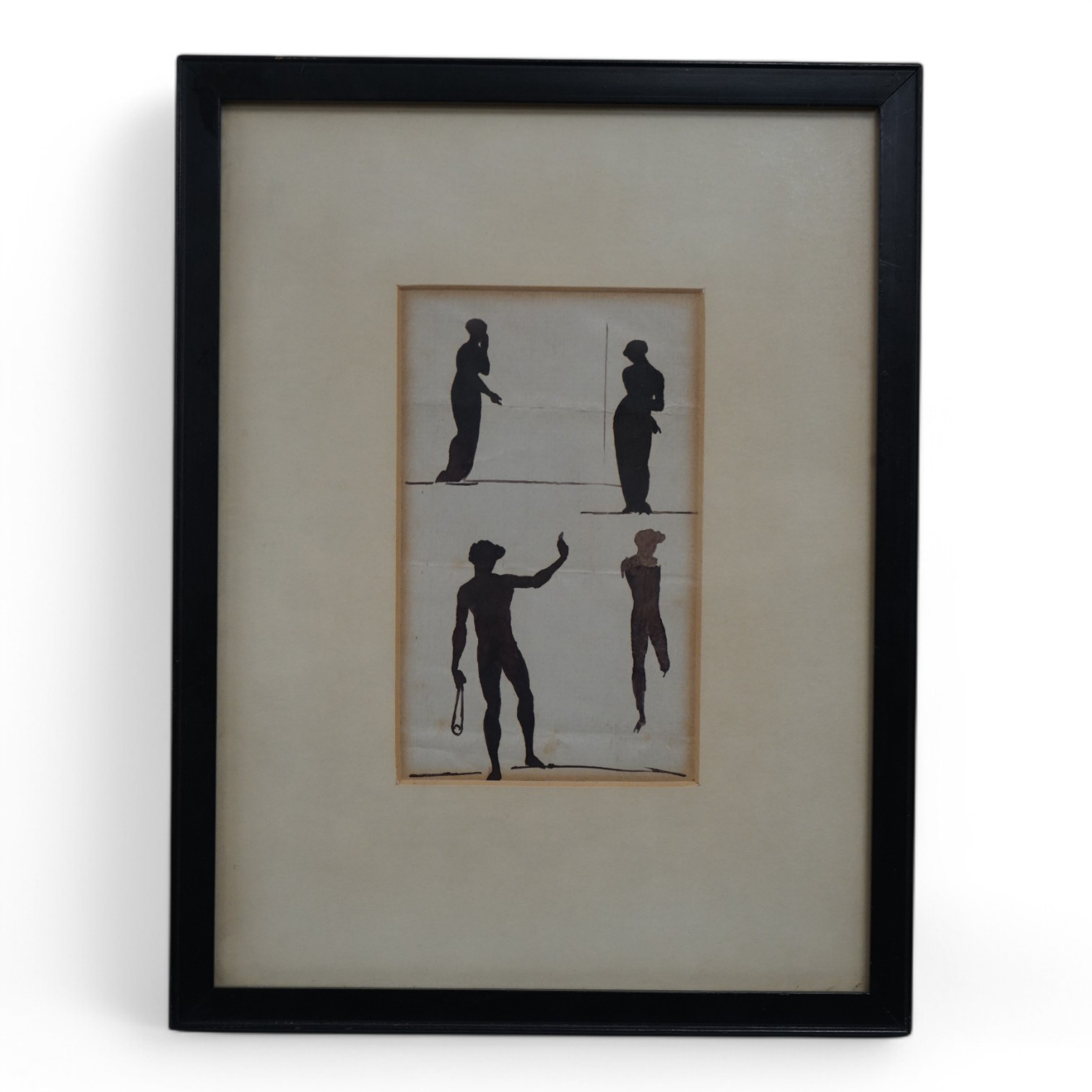 Attributed to William De Morgan, ink on paper, silhouettes of classical figures, 13 x 8cm. Condition - fair